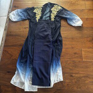 Embroidery Gradient Color Lantern sleeves abaya 2 pants set